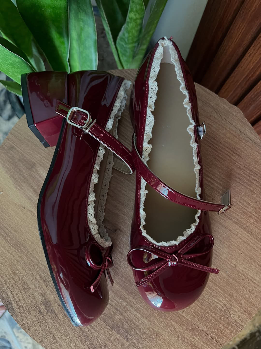 Ladies' Burgundy Patent Lace Trim Mary Jane Block Heels