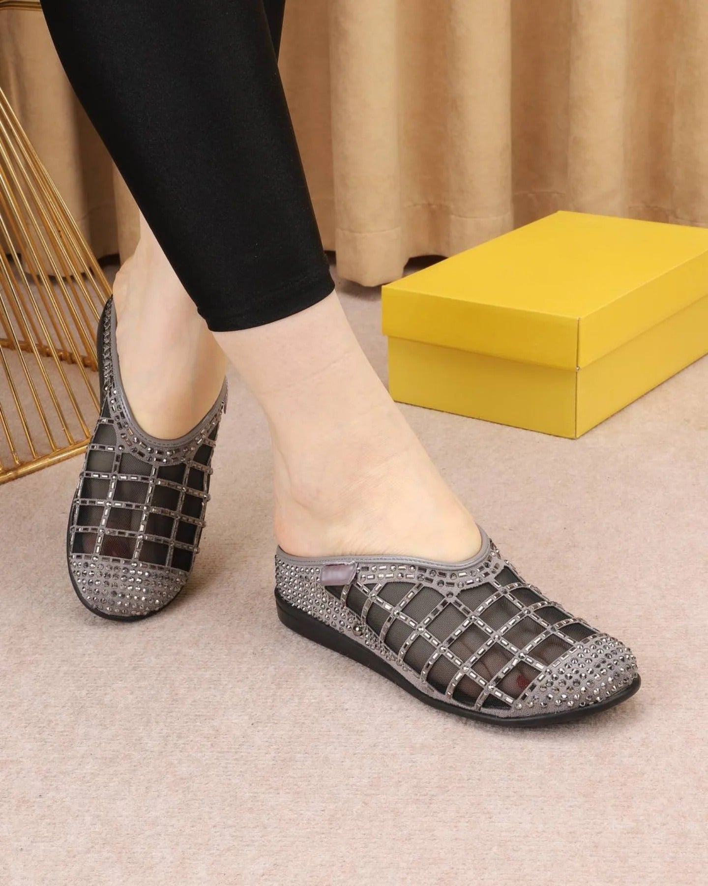 Ladies' Rhinestone-Embellished Mesh Mule Slippers