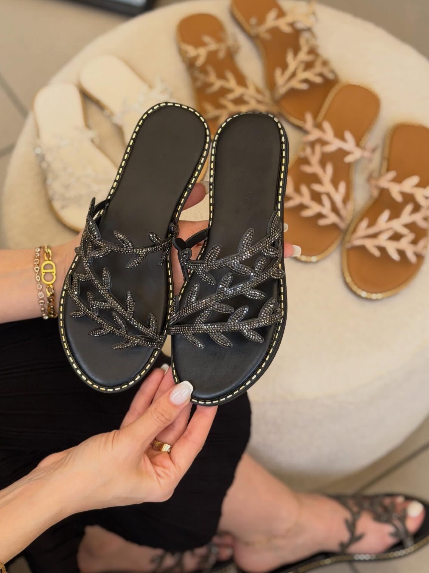 Ladies' Leaf Rhinestone Flat Slide Sandals