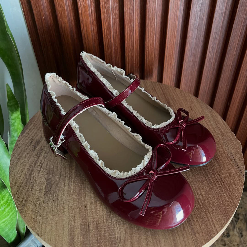 Ladies' Burgundy Patent Lace Trim Mary Jane Block Heels