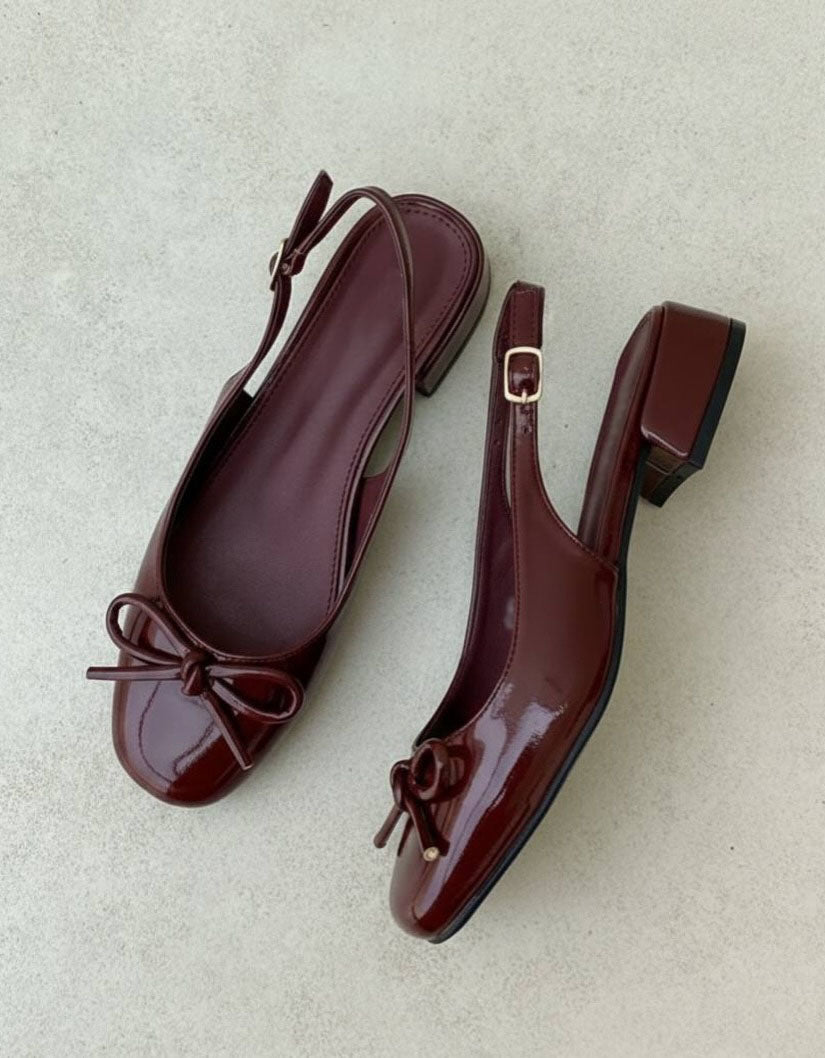 Ladies' Patent Leather Bow Slingback Block Heel Flats