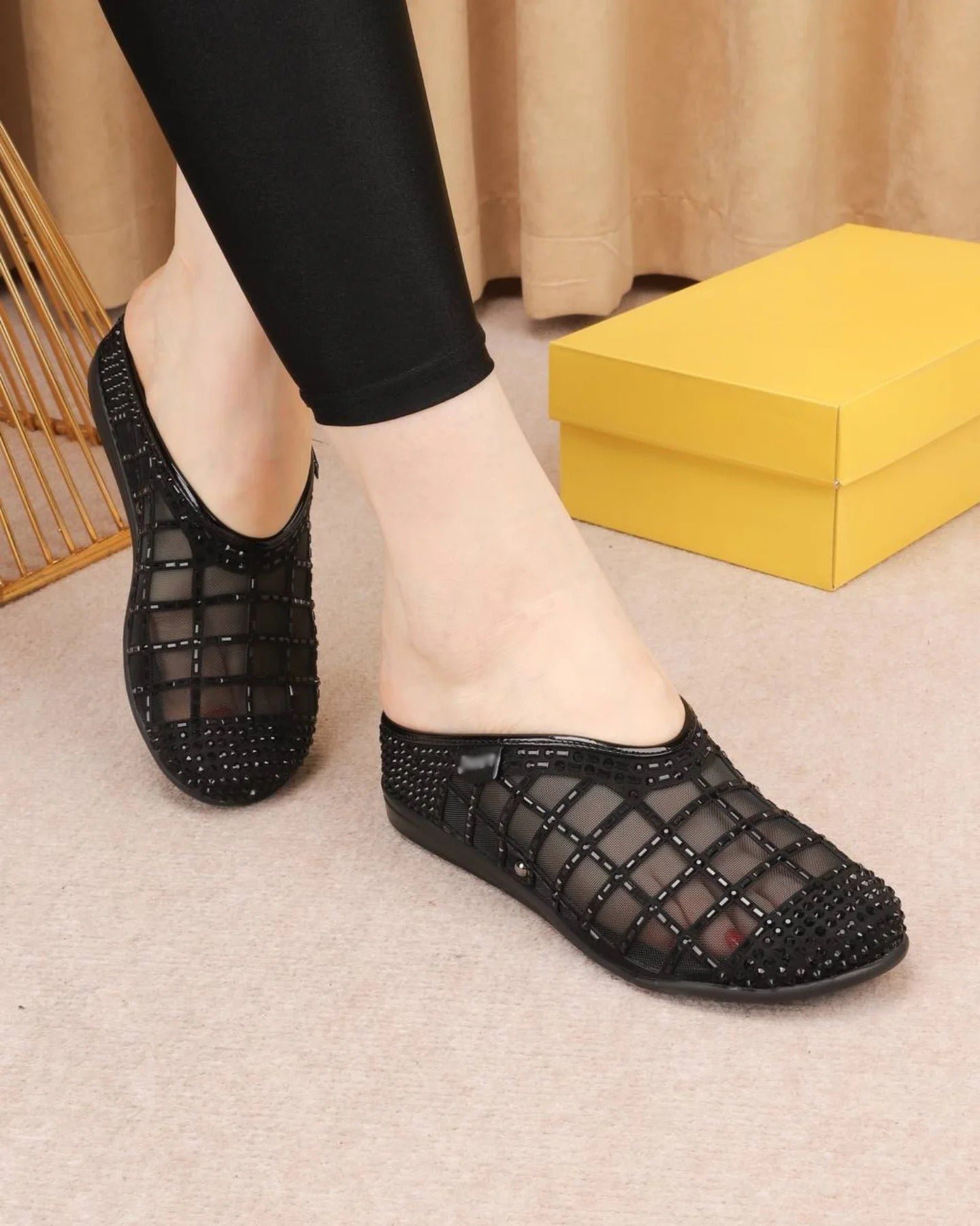 Ladies' Rhinestone-Embellished Mesh Mule Slippers