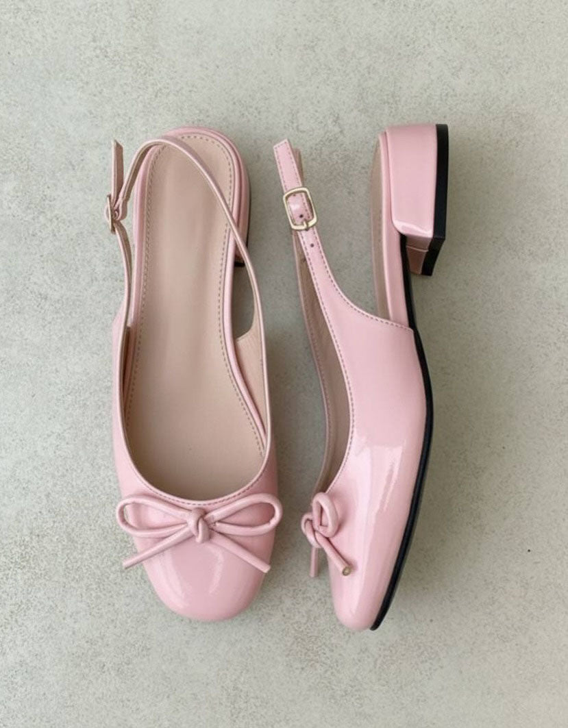 Ladies' Patent Leather Bow Slingback Block Heel Flats