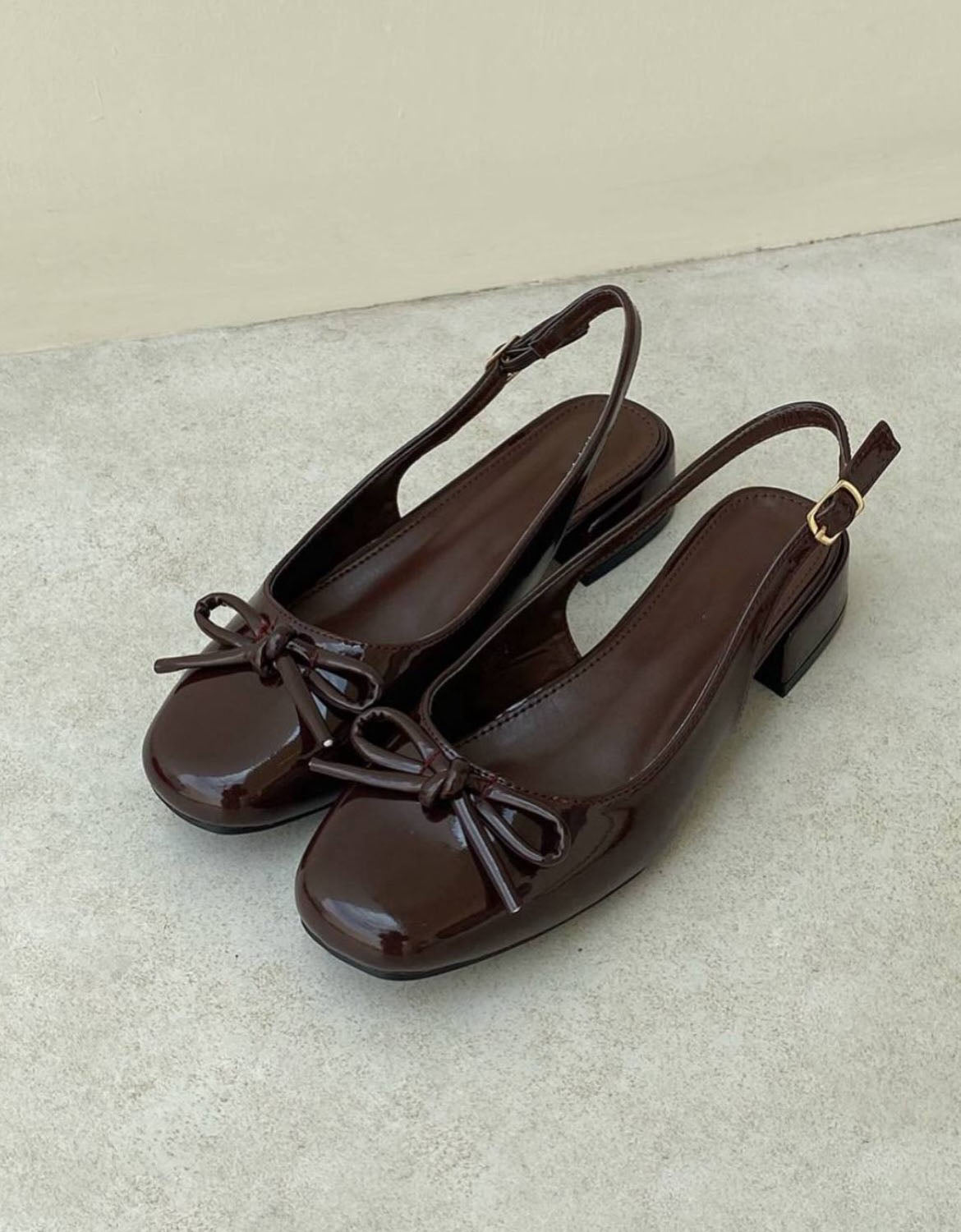 Ladies' Patent Leather Bow Slingback Block Heel Flats