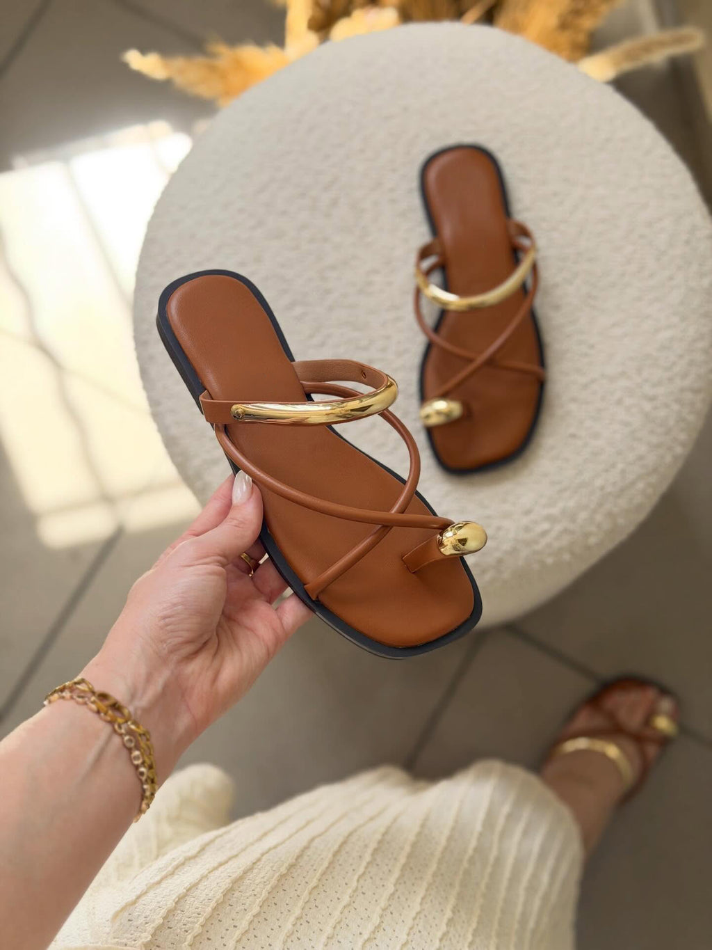 Ladies' Metal Accent Toe-Loop Slide Sandals