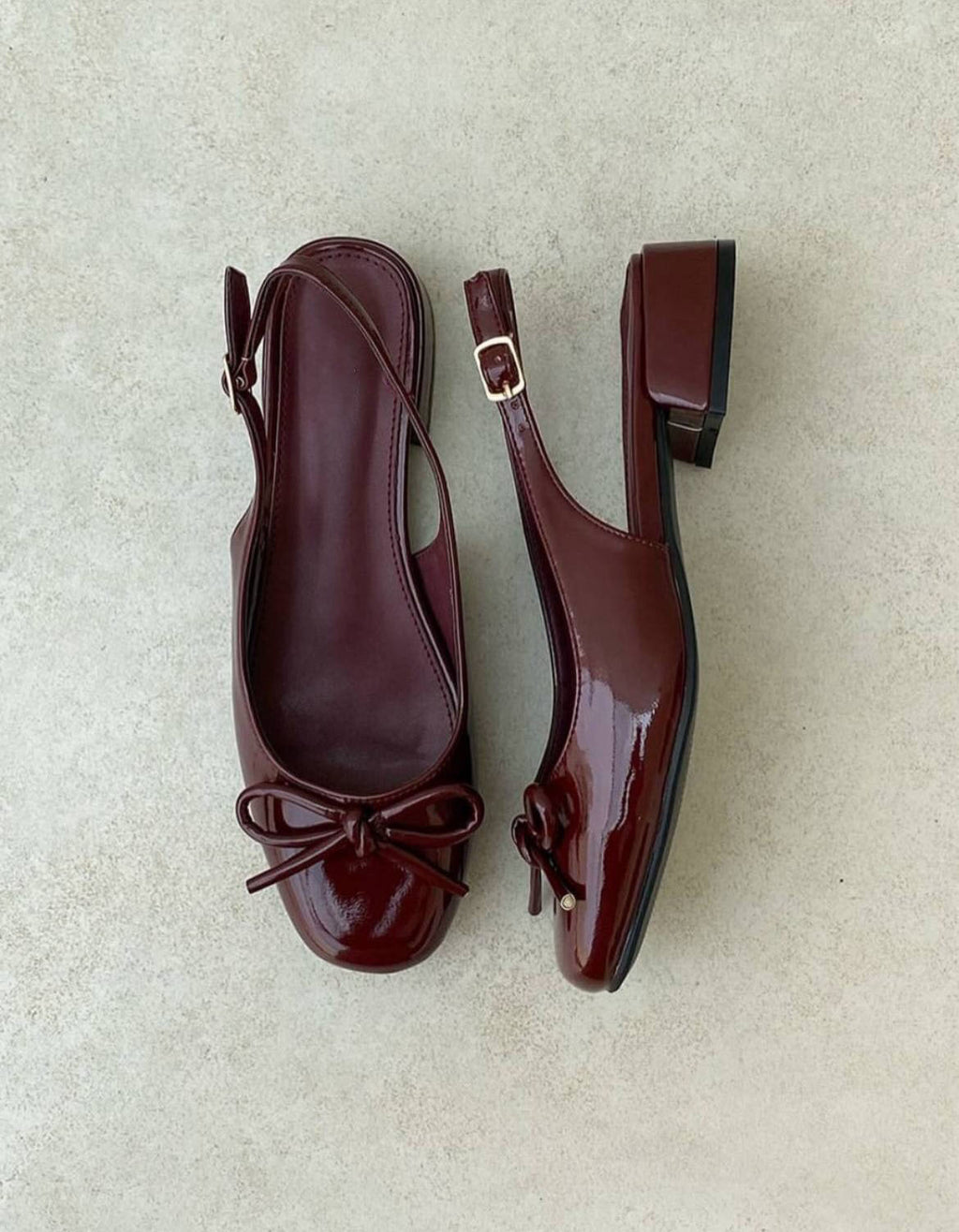 Ladies' Patent Leather Bow Slingback Block Heel Flats