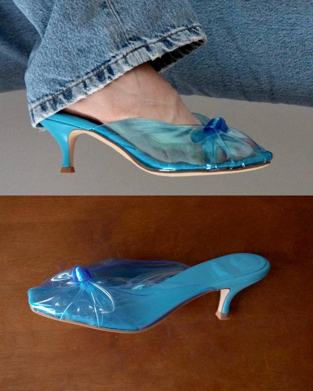 Ladies' Blue Bow Kitten Heel Mules