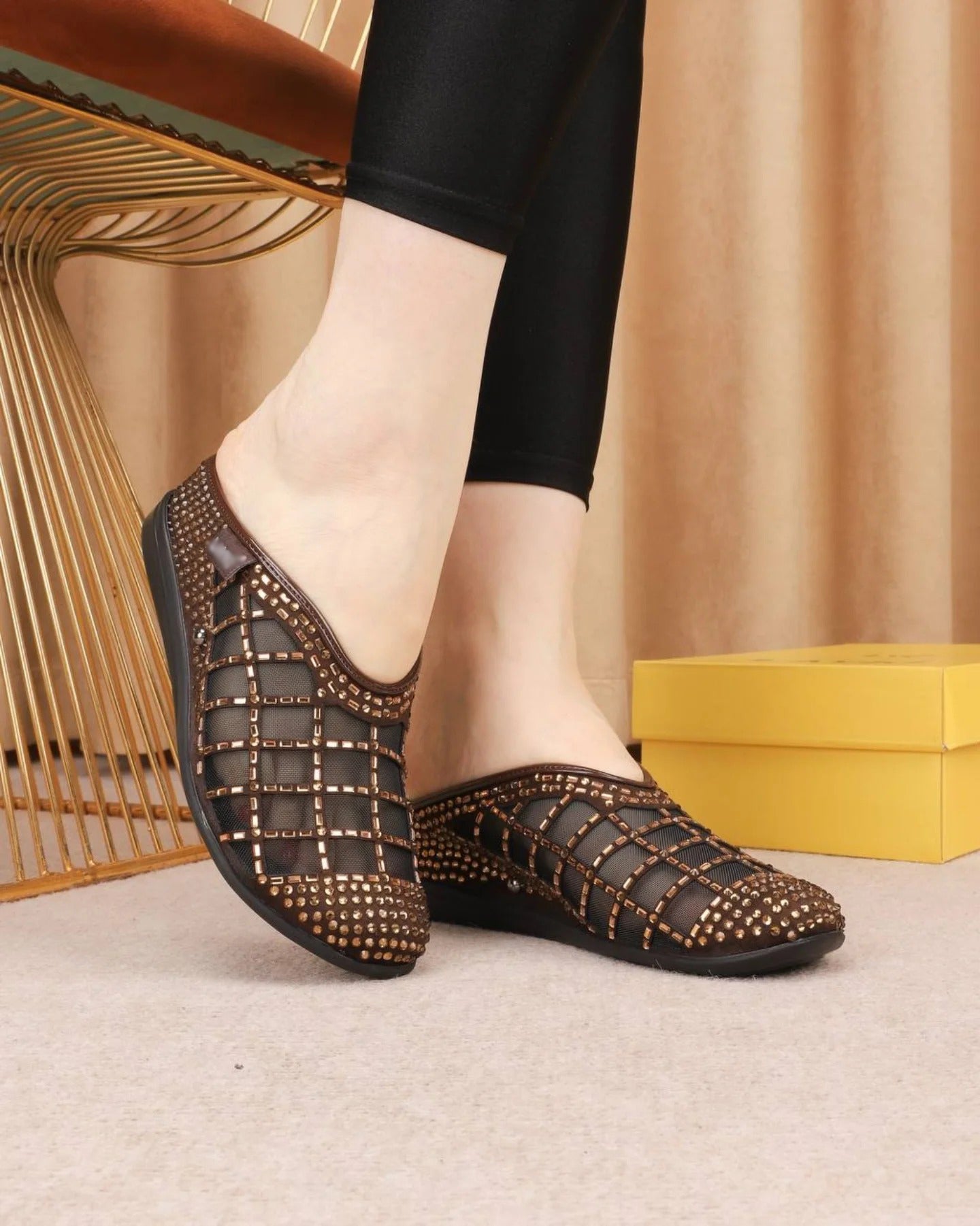 Ladies' Rhinestone-Embellished Mesh Mule Slippers