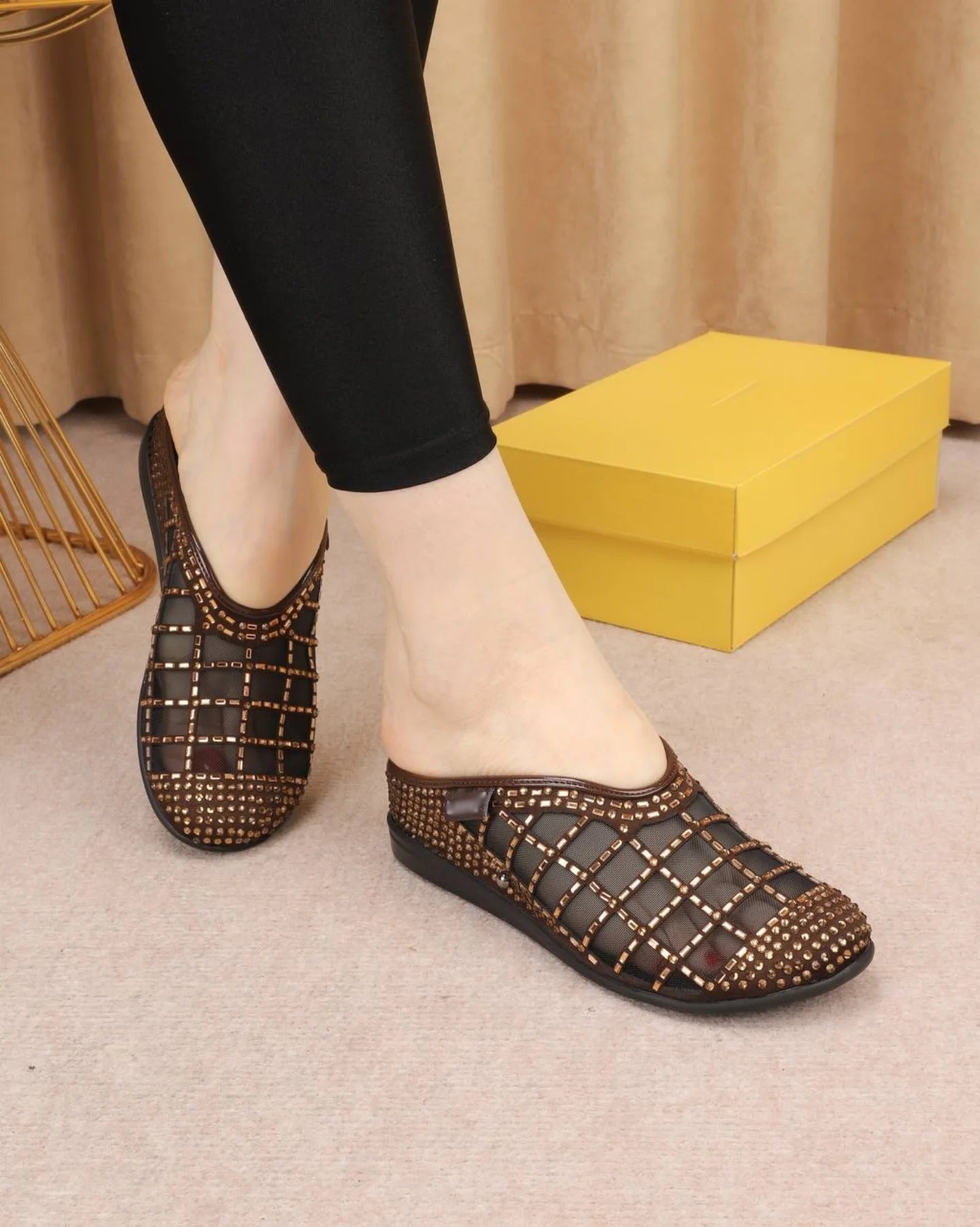 Ladies' Rhinestone-Embellished Mesh Mule Slippers
