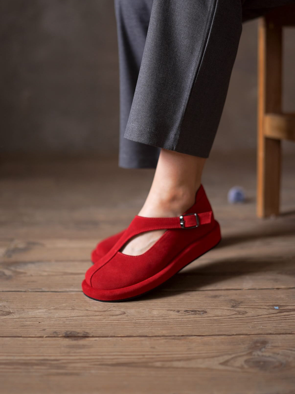 Ladies Red Suede Mary Jane Flats with Cutout Detail
