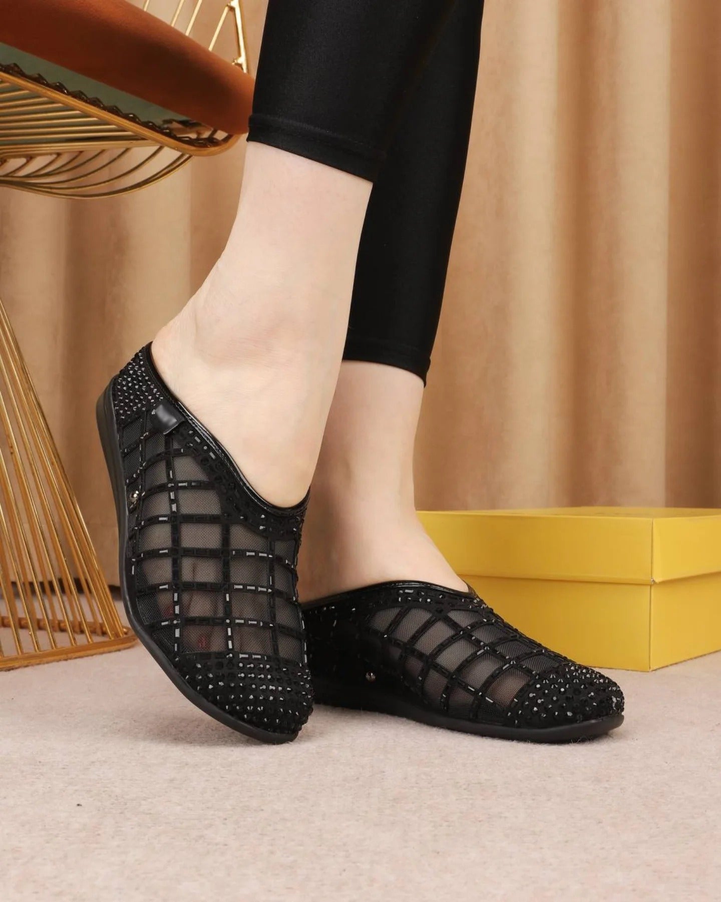 Ladies' Rhinestone-Embellished Mesh Mule Slippers