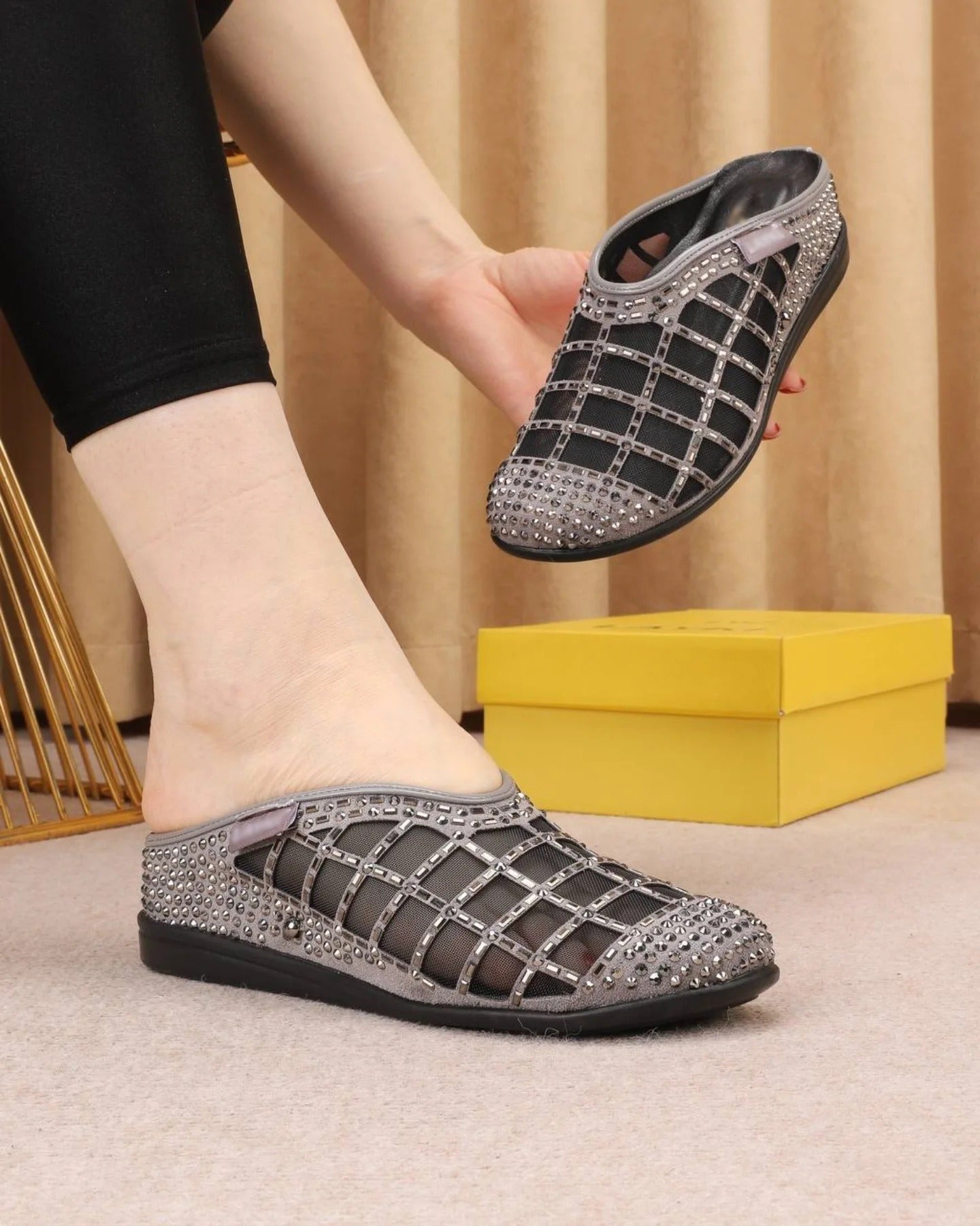 Ladies' Rhinestone-Embellished Mesh Mule Slippers