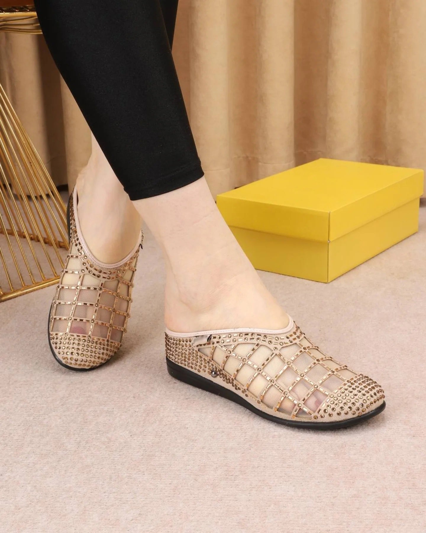 Ladies' Rhinestone-Embellished Mesh Mule Slippers