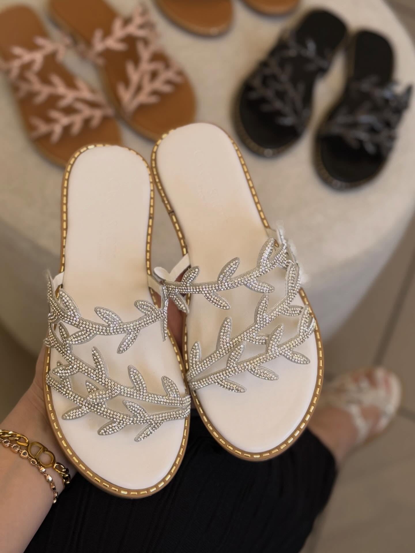 Ladies' Leaf Rhinestone Flat Slide Sandals