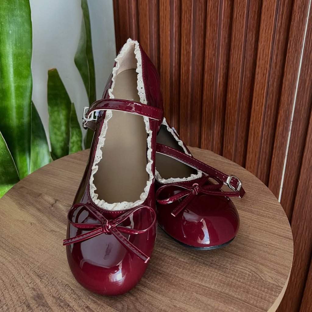 Ladies' Burgundy Patent Lace Trim Mary Jane Block Heels