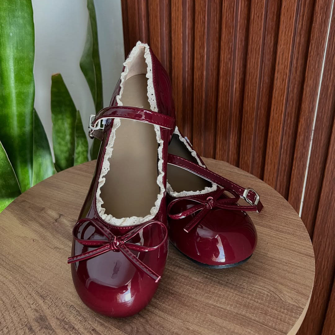 Ladies' Burgundy Patent Lace Trim Mary Jane Block Heels