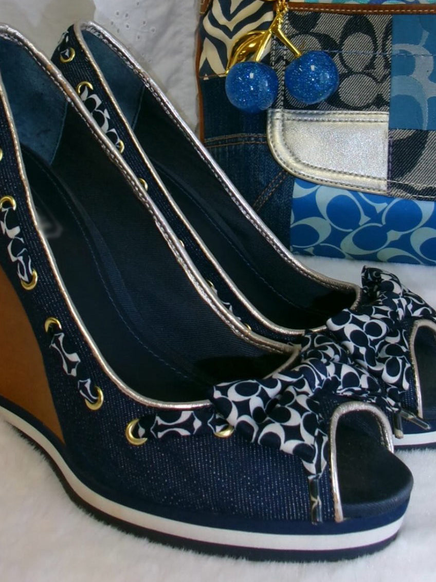 Vintage Denim Peep-Toe Wedge Heels with Signature Bow