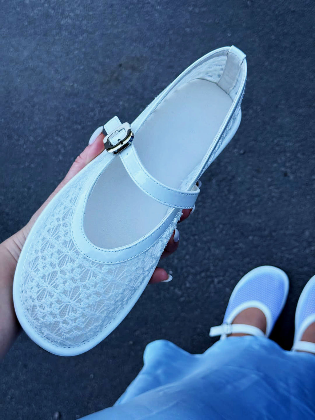 Ladies' Lace Mesh Mary Jane Flats with Patent Trim