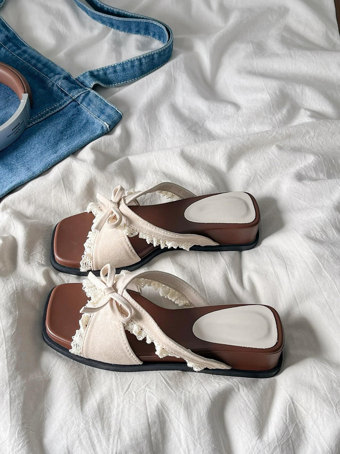 Ladies' Lace Trim Bow Wedge Slide Sandals