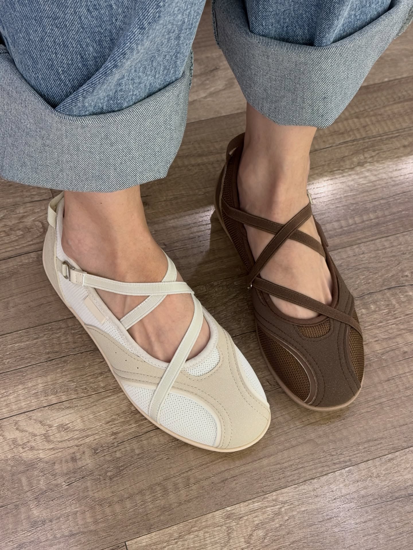 Ladies' Mesh & Suede Cross-Strap Ballet Flats