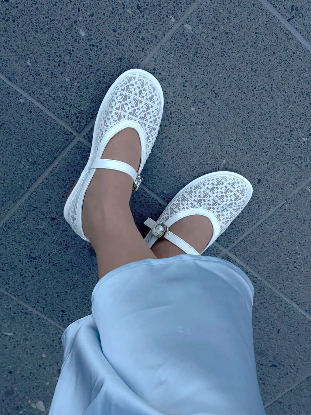 Ladies' Lace Mesh Mary Jane Flats with Patent Trim