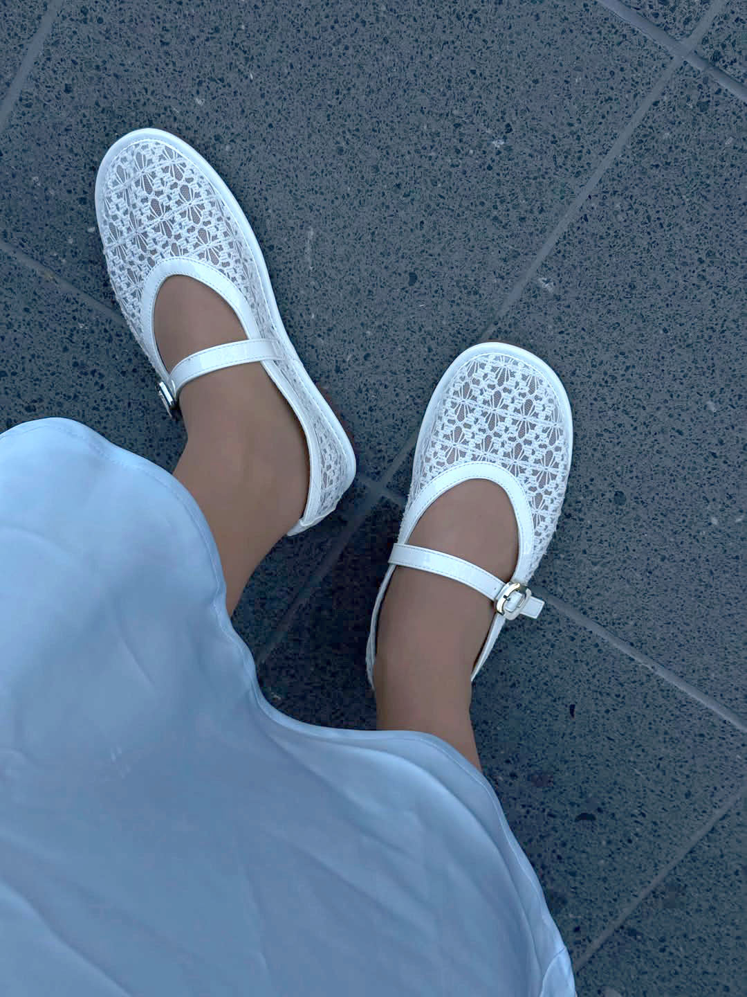 Ladies' Lace Mesh Mary Jane Flats with Patent Trim