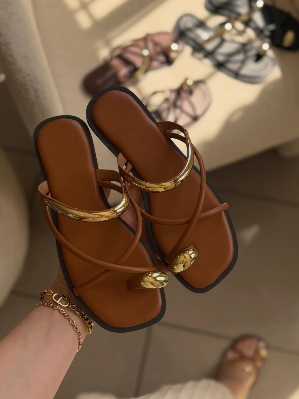 Ladies' Metal Accent Toe-Loop Slide Sandals