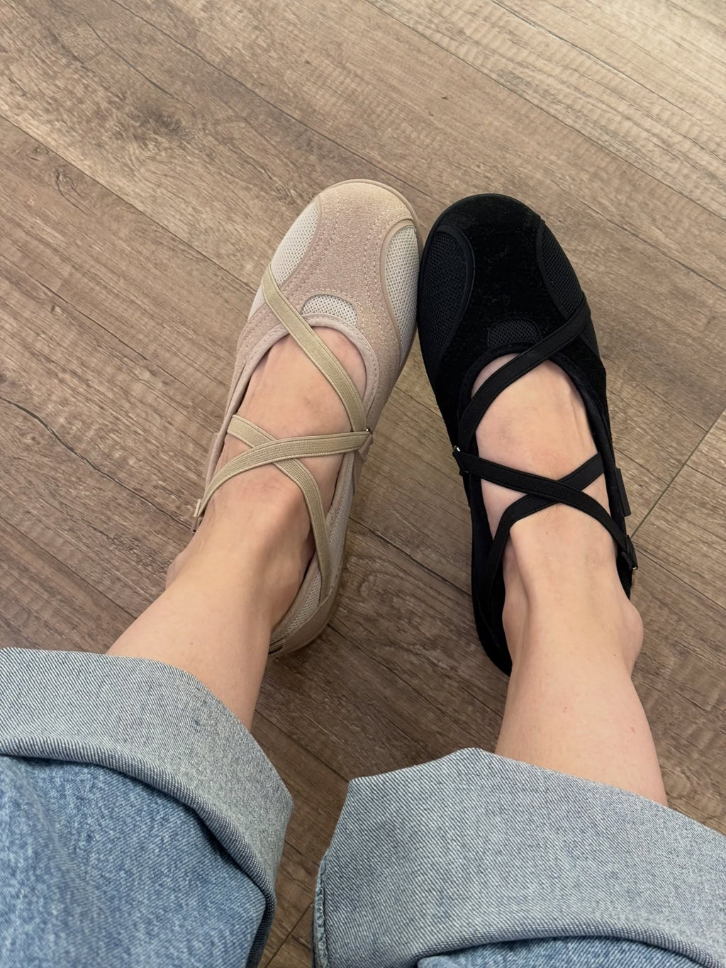Ladies' Mesh & Suede Cross-Strap Ballet Flats