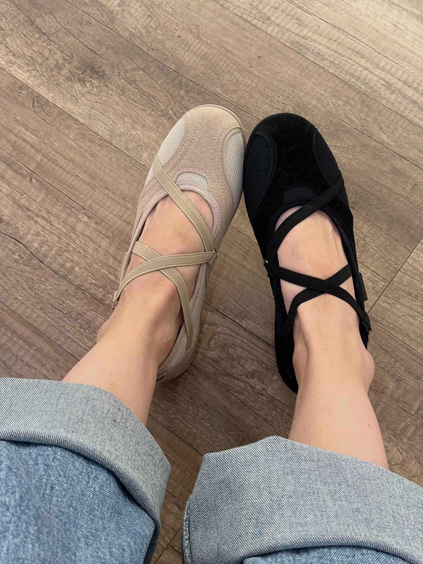 Ladies' Mesh & Suede Cross-Strap Ballet Flats