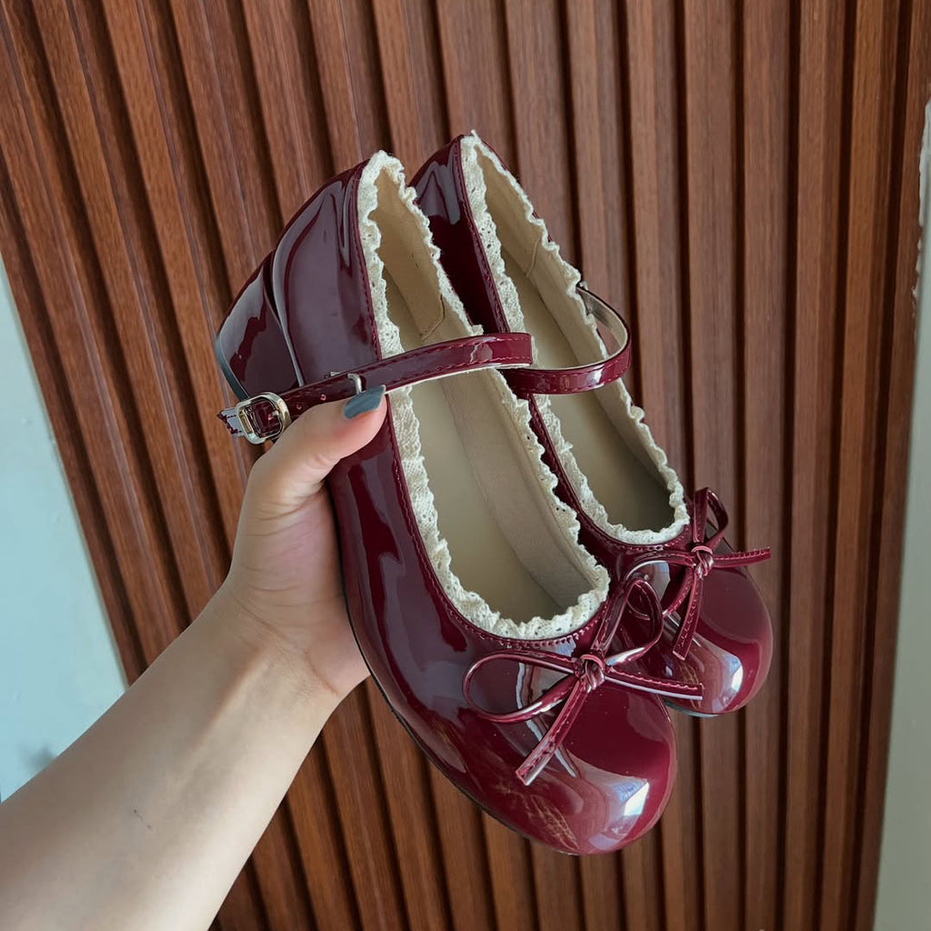 Ladies' Burgundy Patent Lace Trim Mary Jane Block Heels