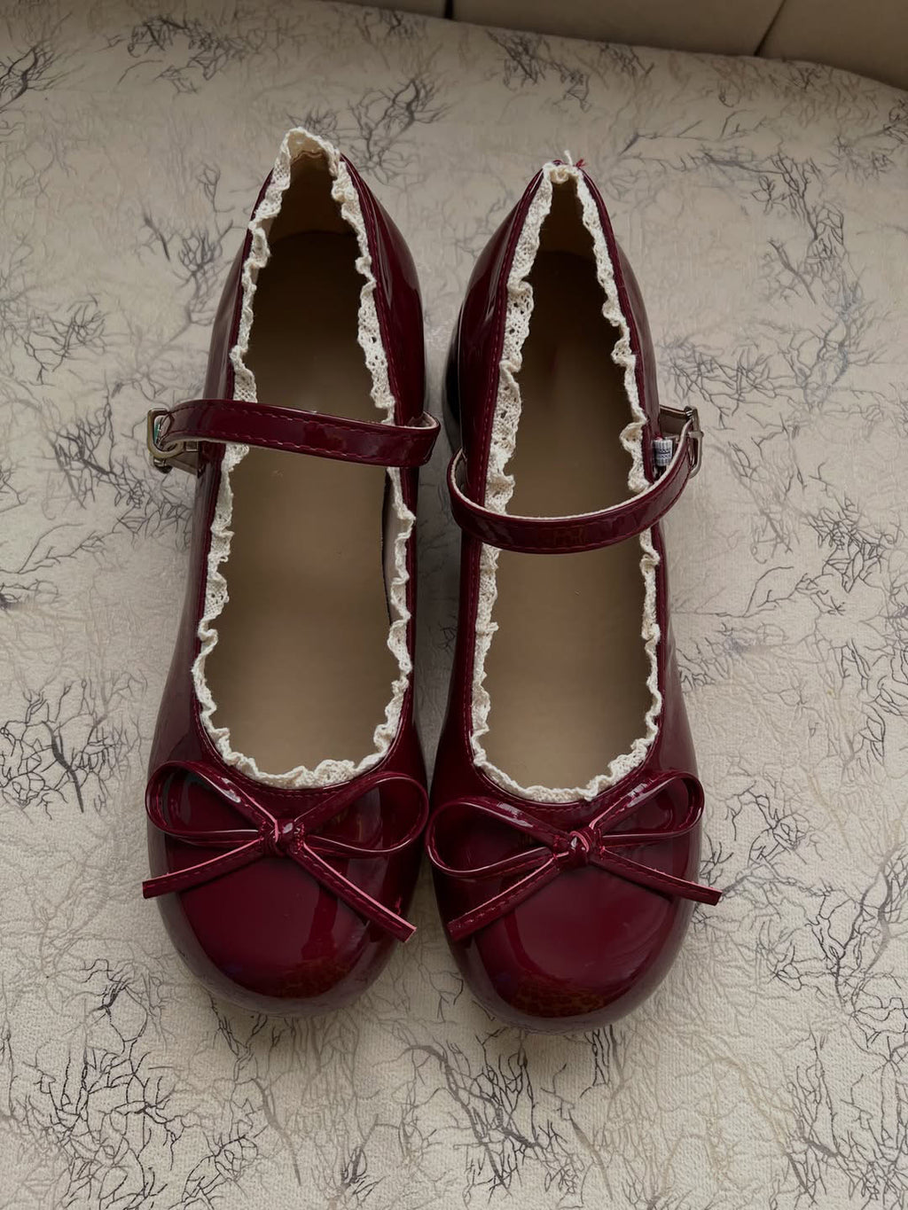 Ladies' Burgundy Patent Lace Trim Mary Jane Block Heels