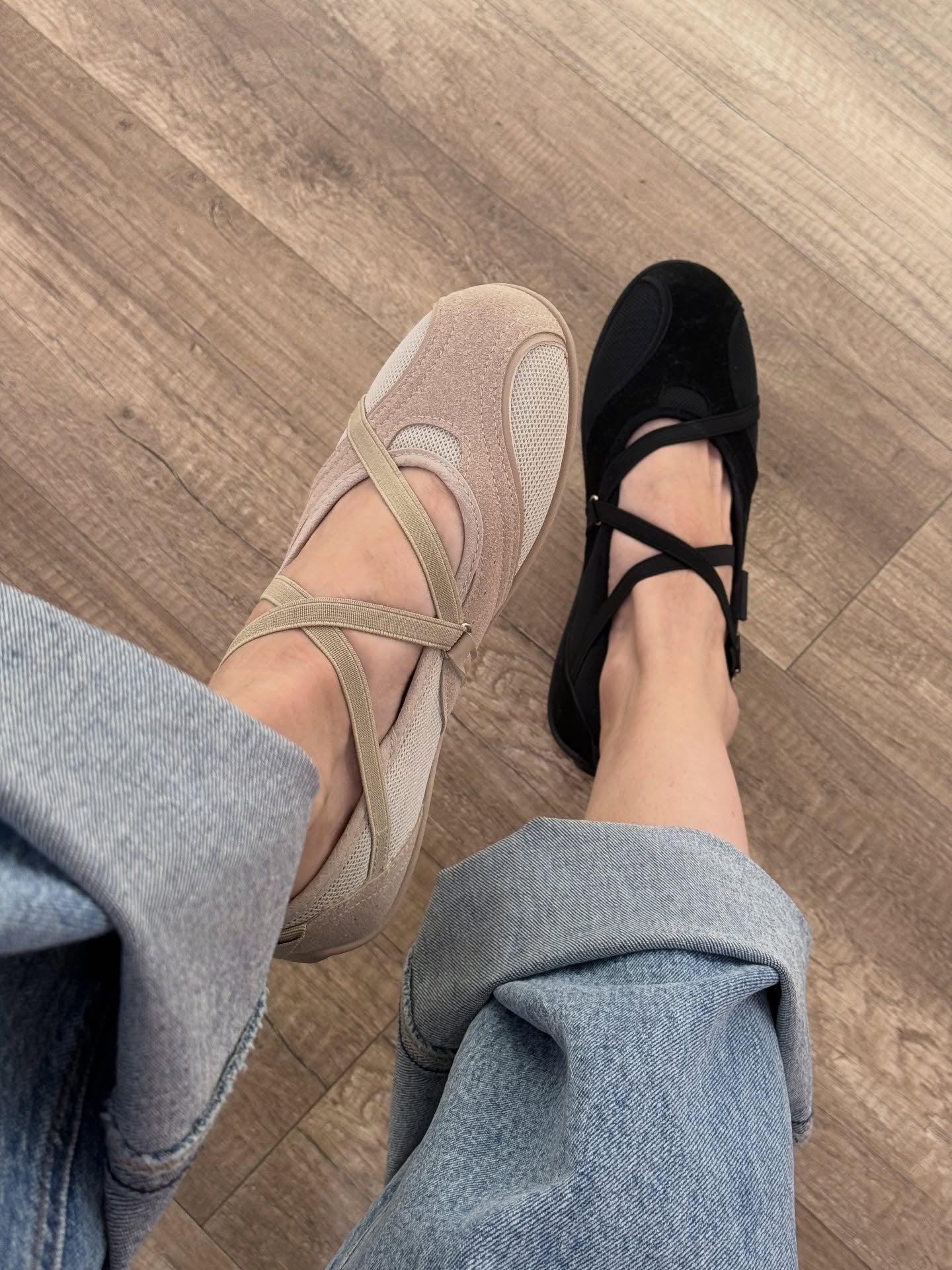 Ladies' Mesh & Suede Cross-Strap Ballet Flats