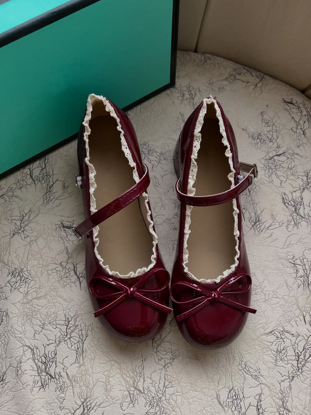 Ladies' Burgundy Patent Lace Trim Mary Jane Block Heels