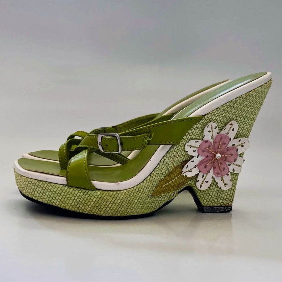 Vintage Green Leather Floral Wedge Sandals