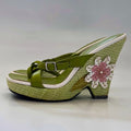 Vintage Green Leather Floral Wedge Sandals