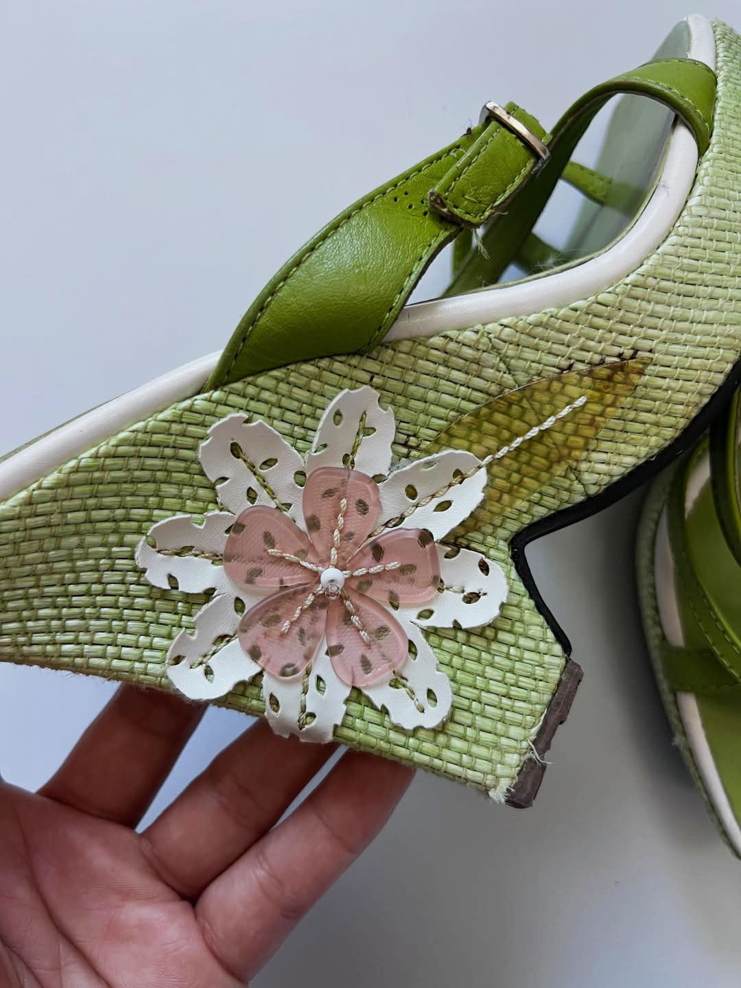 Vintage Green Leather Floral Wedge Sandals