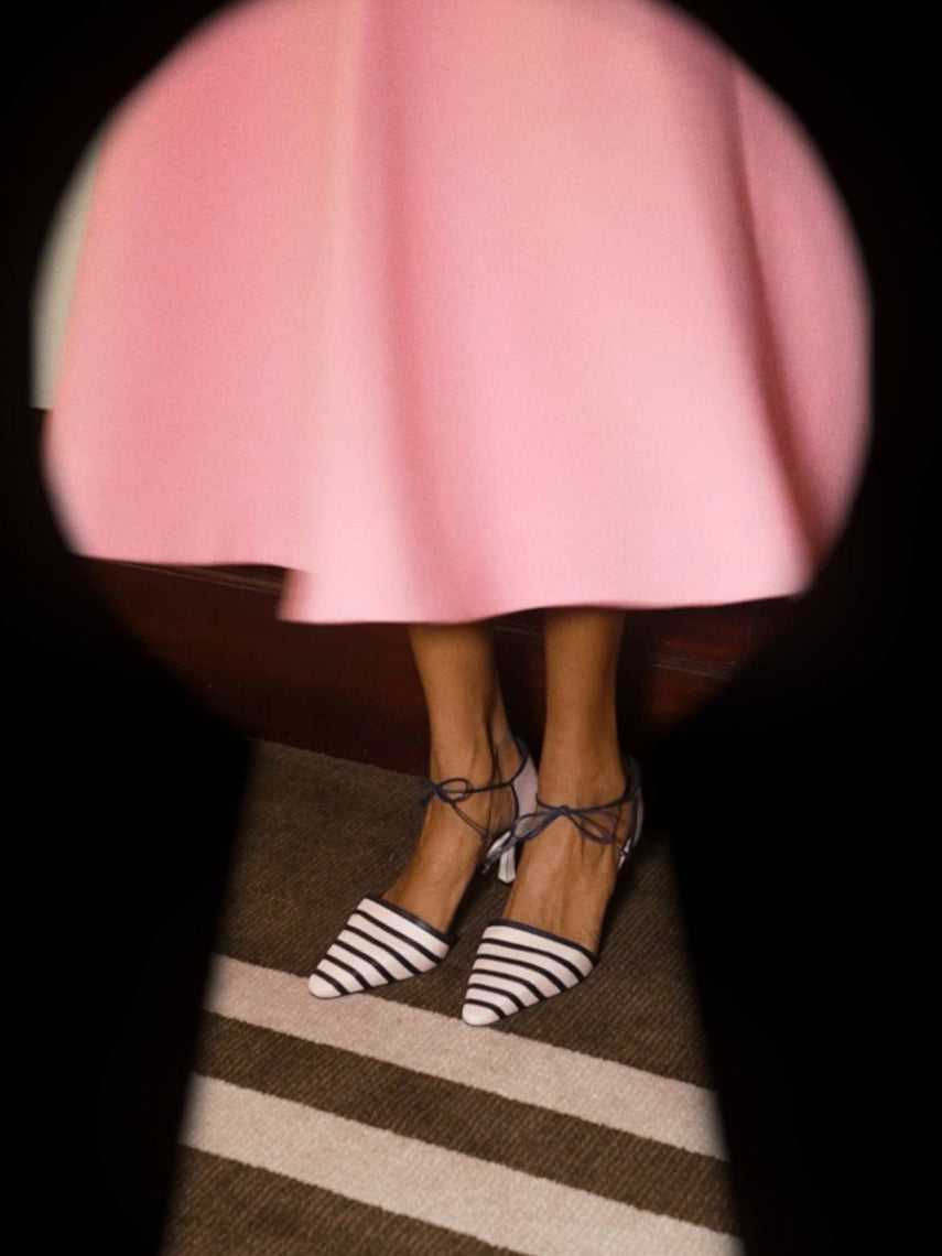 Ladies' Linen Striped Lace-Up Kitten Heel Pumps