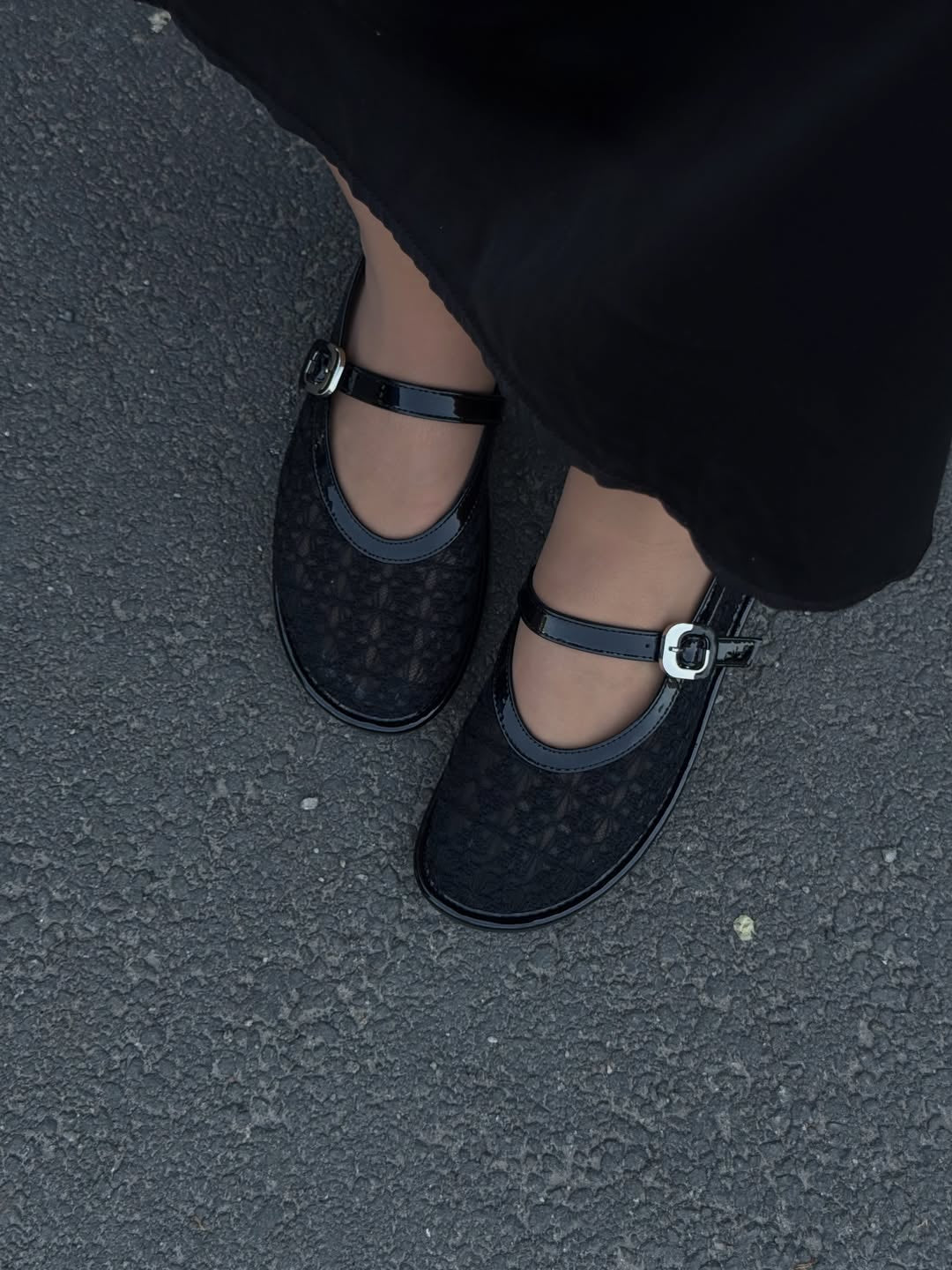 Ladies' Lace Mesh Mary Jane Flats with Patent Trim