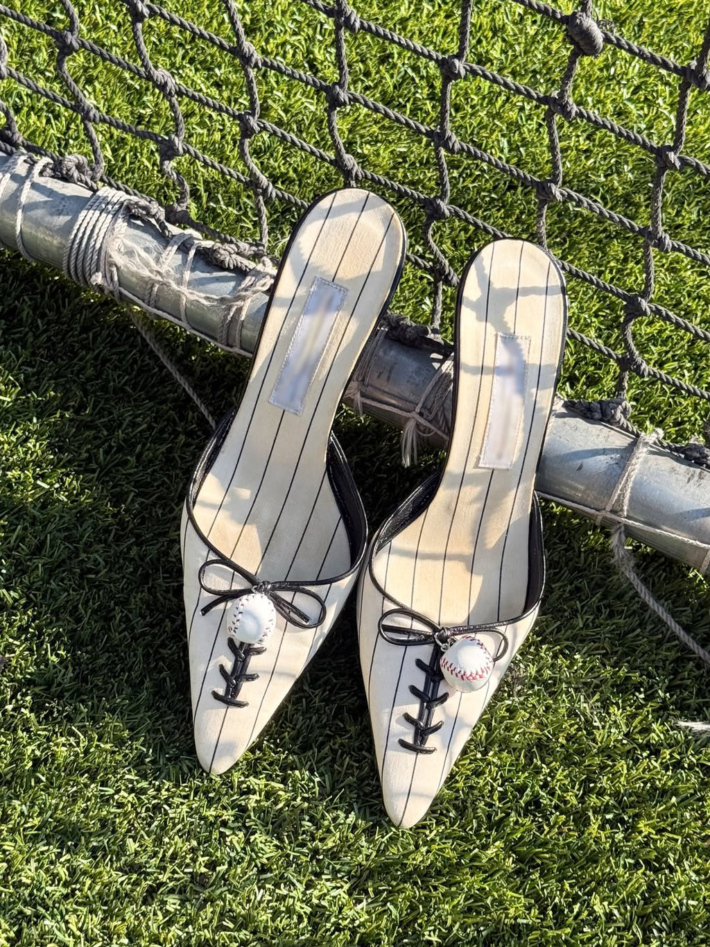 Ladies' Baseball Pinstripe Satin Mules with Charm Detail