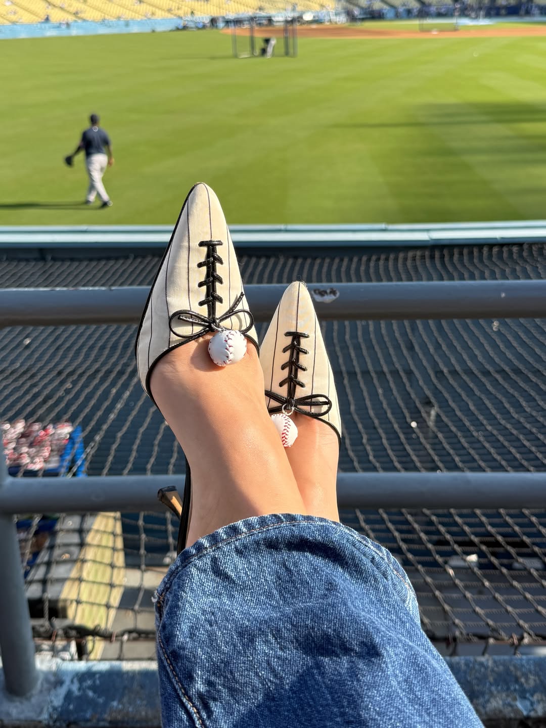 Ladies' Baseball Pinstripe Satin Mules with Charm Detail