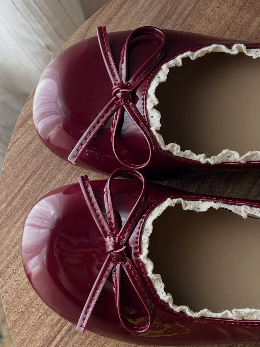 Ladies' Burgundy Patent Lace Trim Mary Jane Block Heels