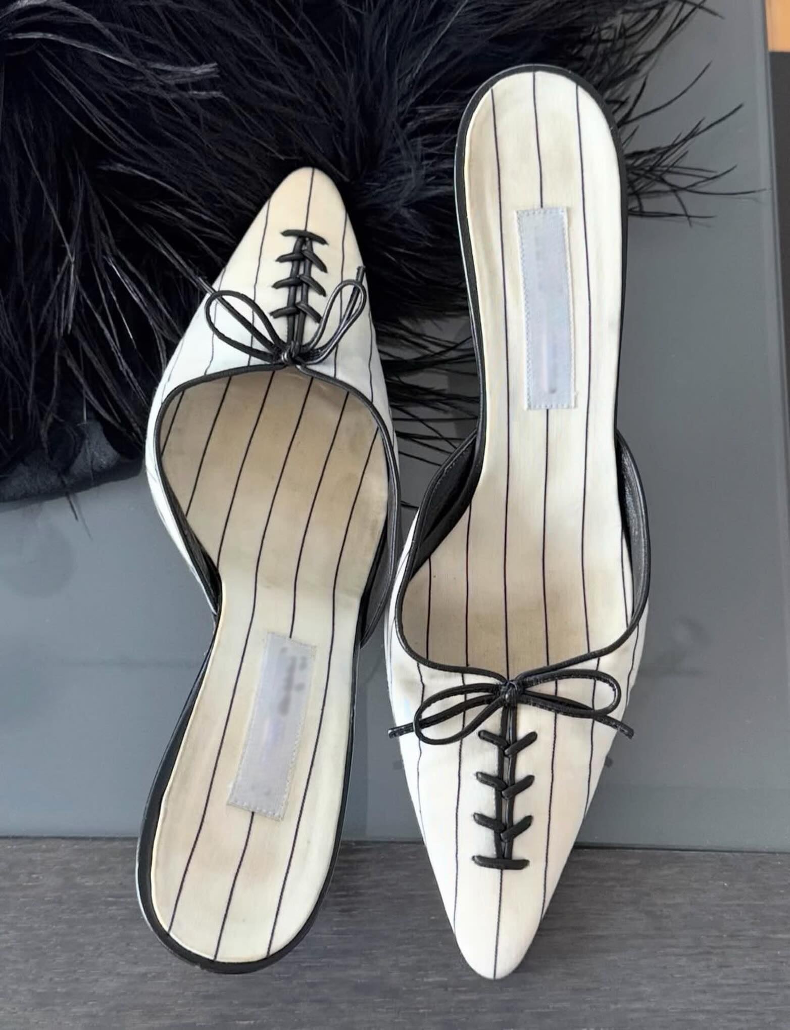 Ladies' Baseball Pinstripe Satin Mules with Charm Detail