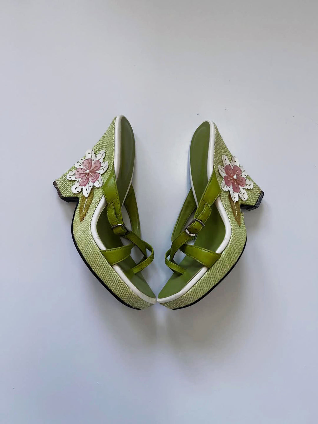 Vintage Green Leather Floral Wedge Sandals