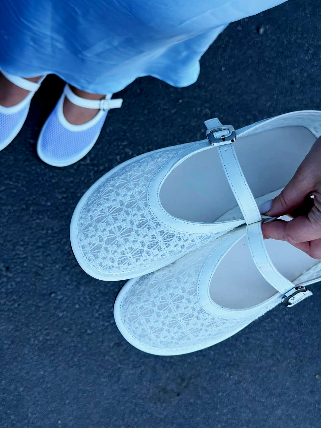 Ladies' Lace Mesh Mary Jane Flats with Patent Trim