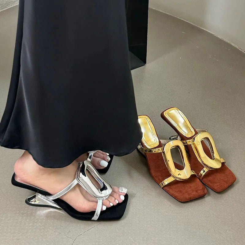 Ladies' Metal Buckle Wedge Heel Slide Sandals