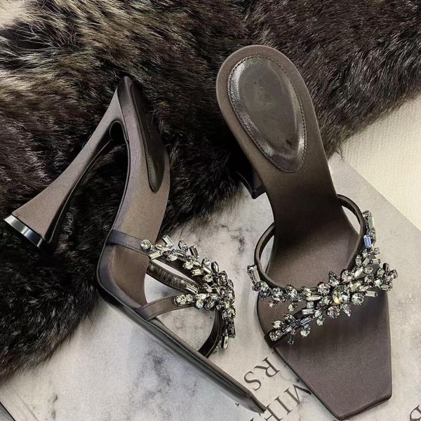 Ladies' Crystal Embellished Square Toe Flared Heel Mules