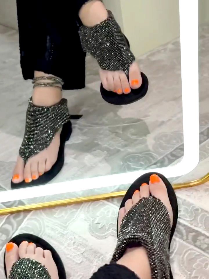 Women's Crystal Mesh Thong Ankle-Tie Flat Sandals