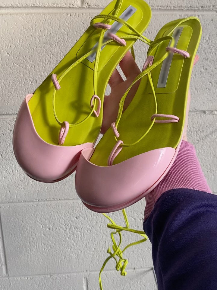 Color Block Round-Toe Lace-Up Kitten Heel Sandals