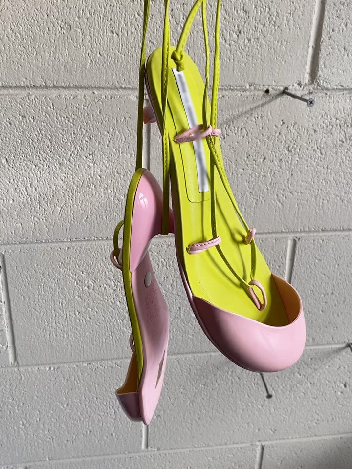 Color Block Round-Toe Lace-Up Kitten Heel Sandals