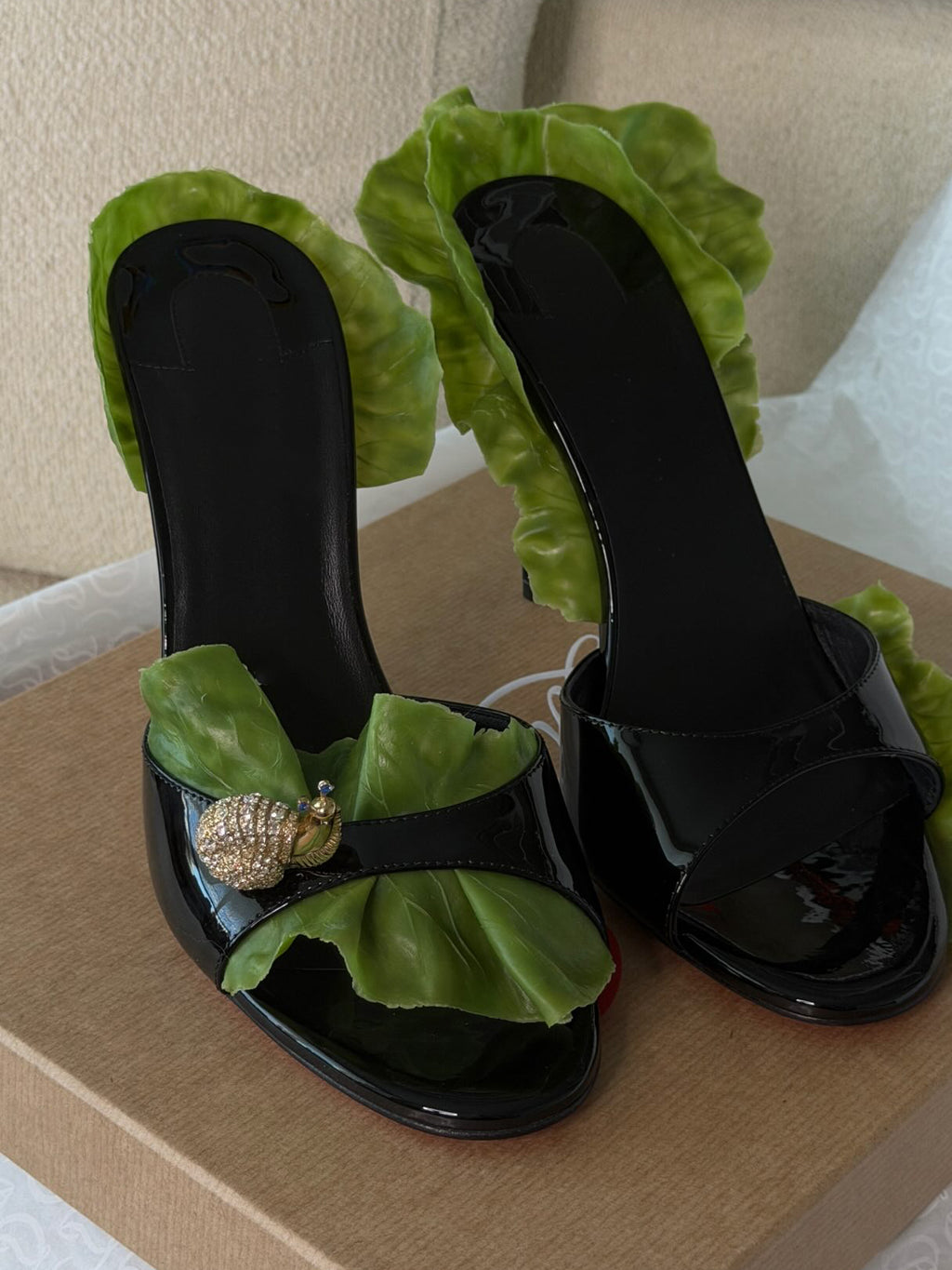 Women's Lettuce & Snail-Embellished Patent Leather Mule Heels